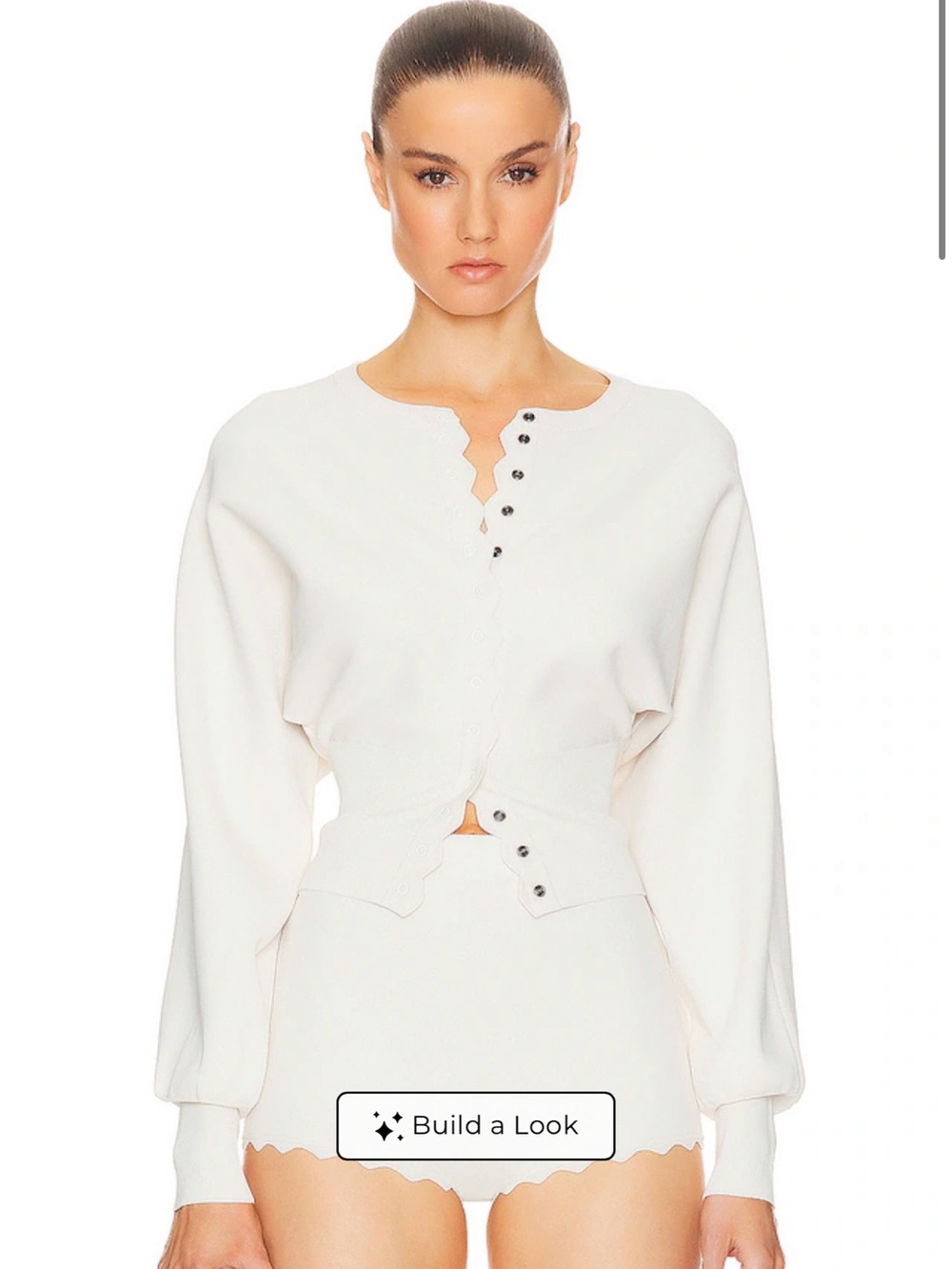 Scallop-Edge White Button-Front Sweatshirt